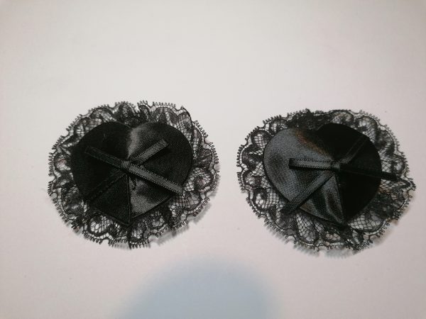 Black Heart-Shaped Nipple Tassels with Lace surround and thin Black Central Bow