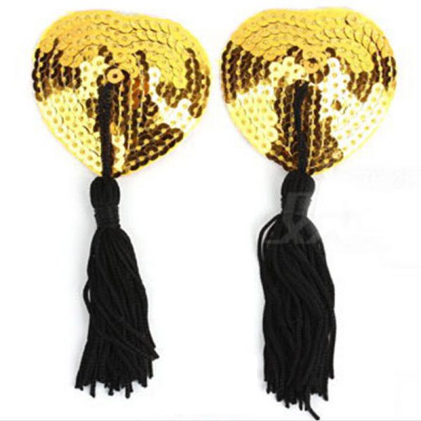 Gold Sequin Heart-Shaped Pasties with Black Tassel