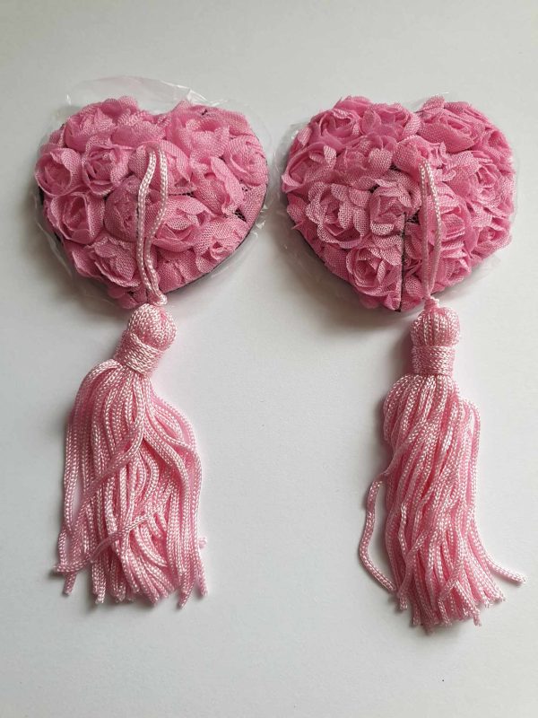 Pink Small Roses Heart-Shaped Pasties with Pink Tassel