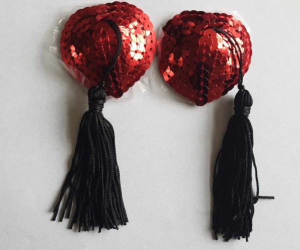 Red Sequin Heart-Shaped Pasties with Black Tassels