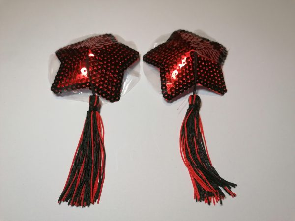 Red Sequin Five-Point Star Nipple Pasties with Black Outline and Tassels