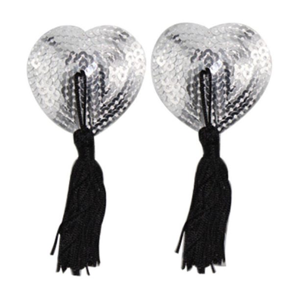 Silver Sequin Heart-Shaped Pasties with Black Tassel