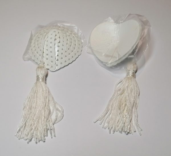 White Sequin Heart-Shaped Pasties with White Tassel